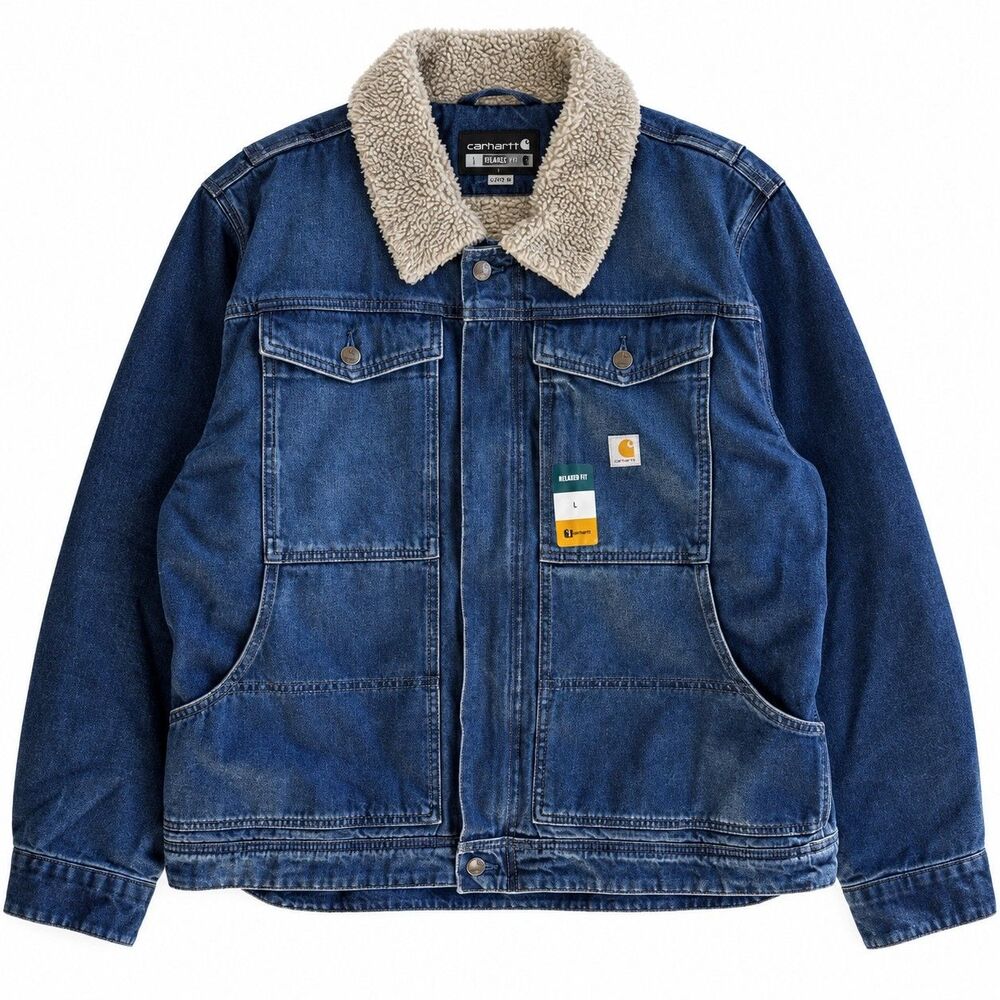 NWT Carhartt Men's Large Denim Sherpa Lined Jacket Blue Relaxed Fit OJ5478-M New